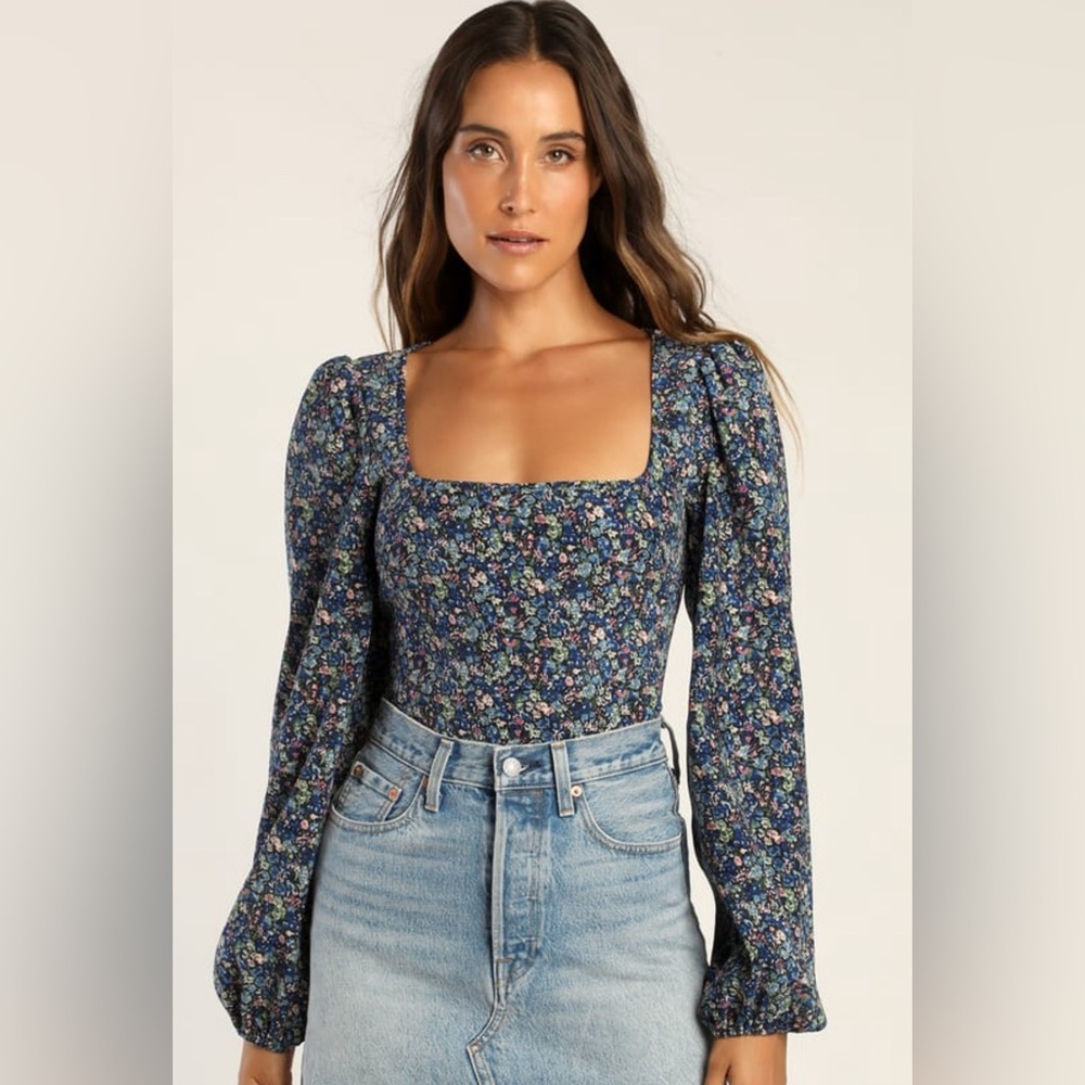 NWT Lulus ~ Certain Charm Blue Floral Print Corduroy Balloon Sleeve Crop Top